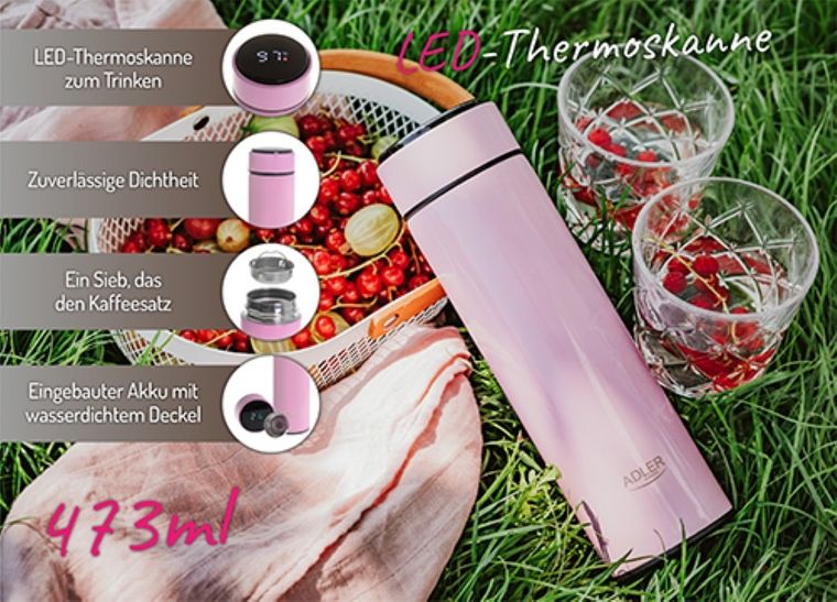 Adler, termos LED, różowy, 473 ml