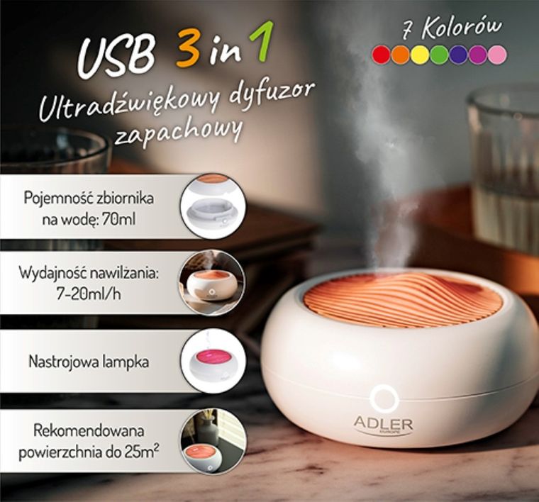 Adler, ultradźwiękowy dyfuzor zapachowy USB 3w1