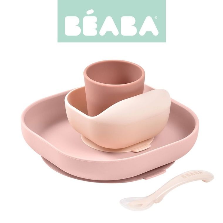 Beaba, komplet naczyń z silikonu z przyssawką, cotton candy