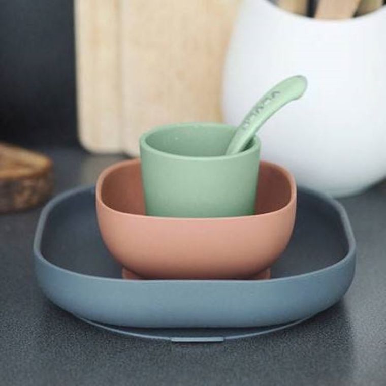 Beaba, komplet naczyń z silikonu z przyssawką, Mineral