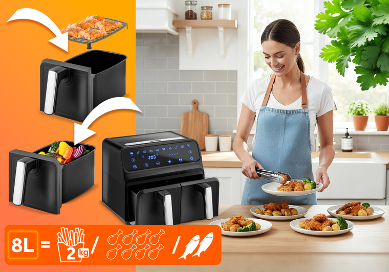 Berdsen, frytkownica beztłuszczowa, air fryer, czarno-srebrna, 8l, BD-653