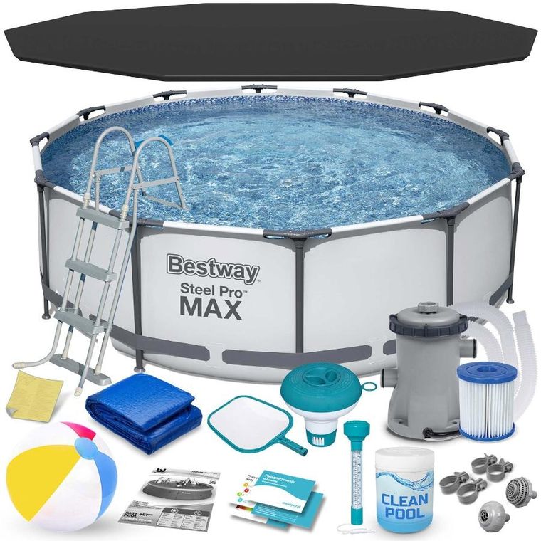 Bestway, basen stelażowy z pompą filtrującą i akcesoriami, okrągły, 100-366 cm, zestaw 17w1