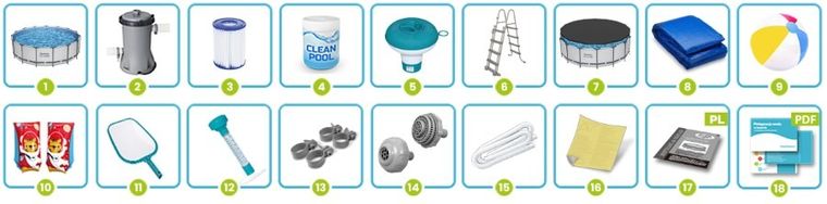 Bestway, basen stelażowy z pompą filtrującą i akcesoriami, okrągły, 122-457cm, zestaw 18w1