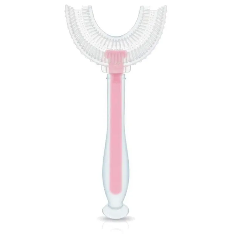 Bocioland, szczoteczka silikonowa w kształcie litery U do zębów, różowa