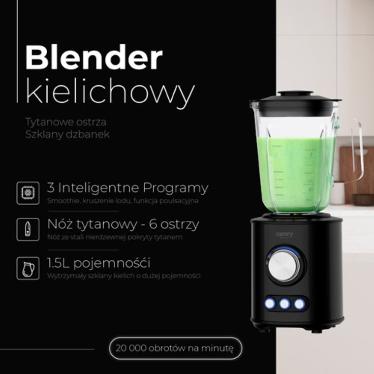 Camry, blender kielichowy, tytanowe ostrza, szklany dzbanek, 1,5l