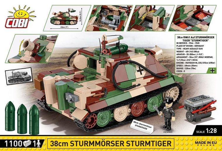 Cobi, Historical Collection WW II, 38 cm Sturmmorser Sturmtiger, klocki, 1:28, 1100 elementów