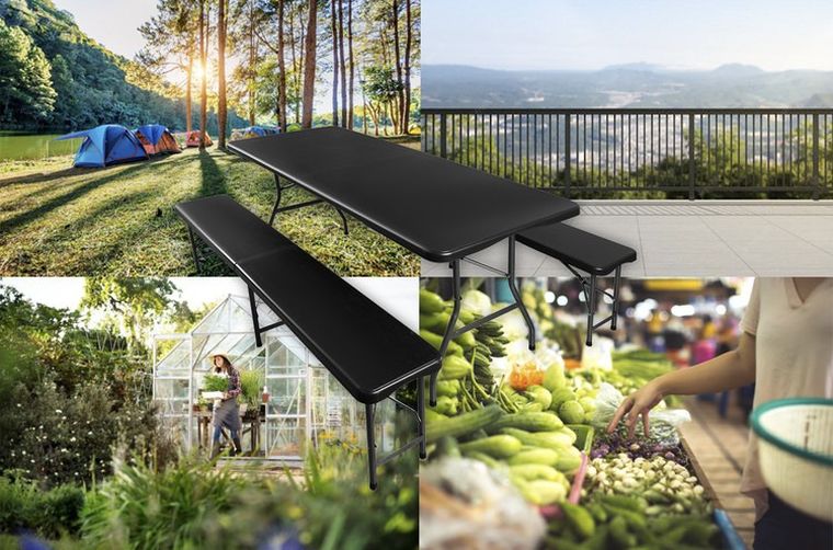 Gardlov, stół ogrodowy składany, 180 cm + 2 ławki, czarny