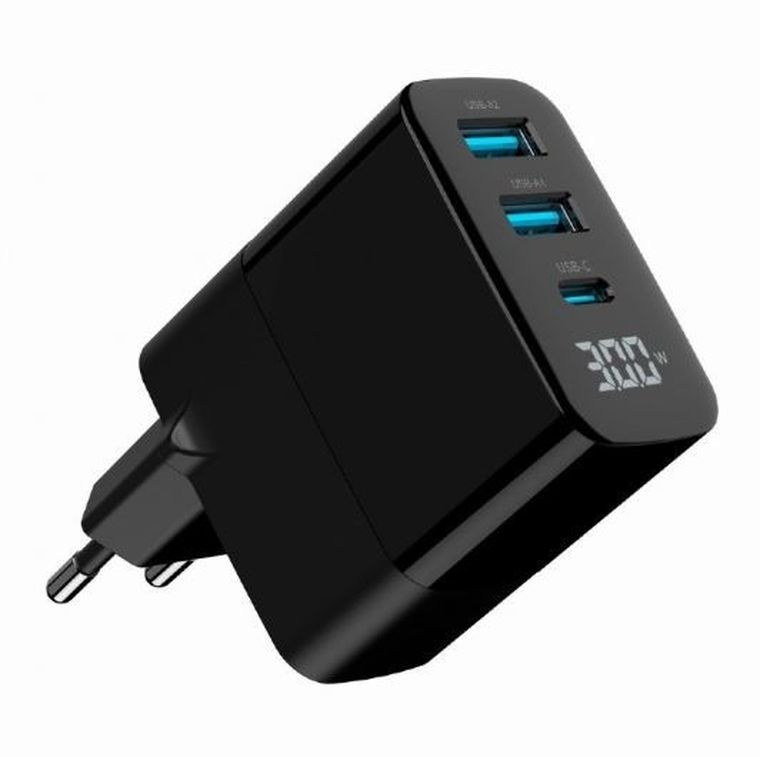 Gembird, szybka ładowarka sieciowa, 3-portowa, USB-A + USB TYP-C, 30W, LCD, czarna