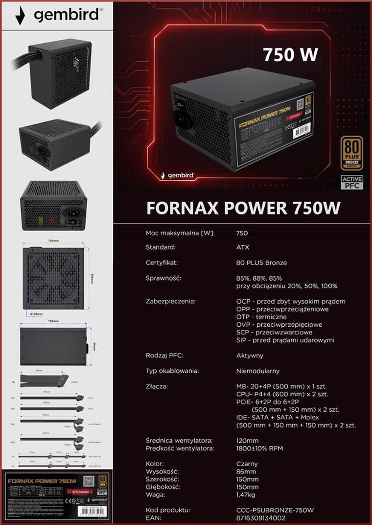 Gembird, zasilacz komputerowy, ATX 750W, aktywne PFC 12 cm, fan 80