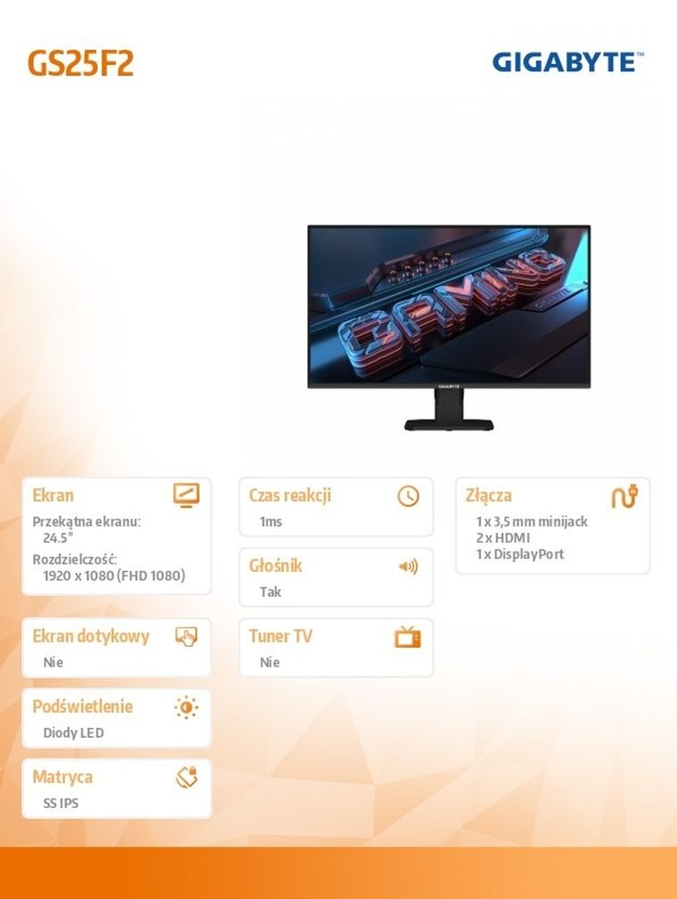 Gigabyte, monitor, 24,5", GS25F2 IPS FHD HDMI DP 200Hz