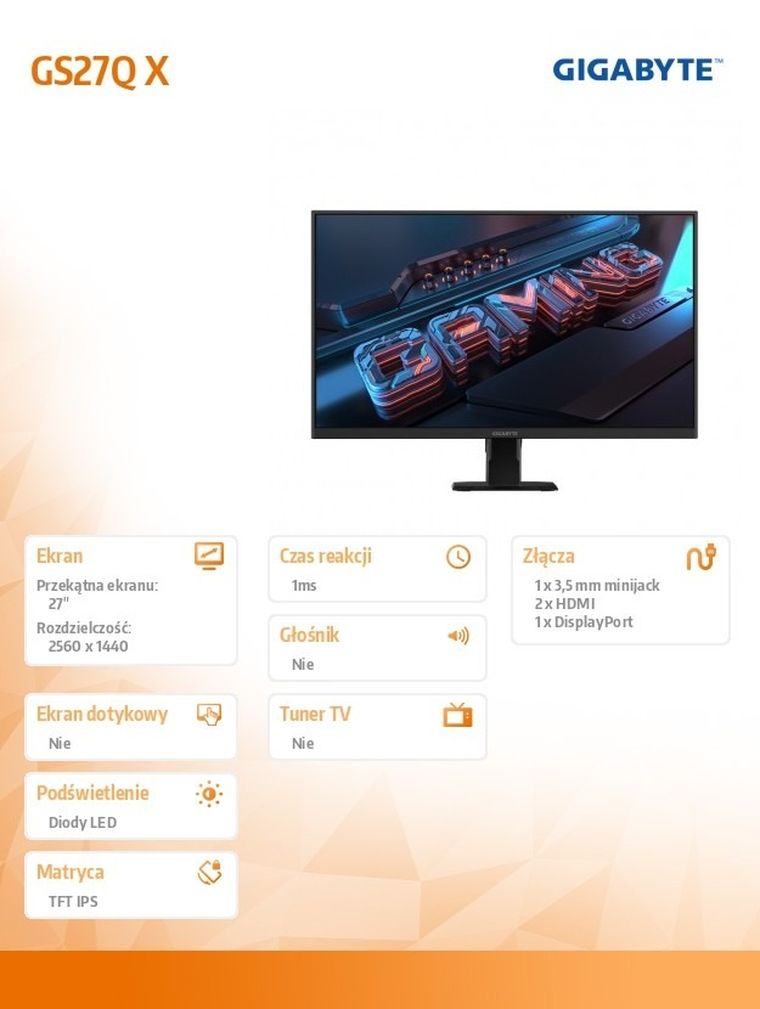 Gigabyte, monitor, 27", GS27Q X WQHD IPS  HDMIx2 DPx2 240Hz