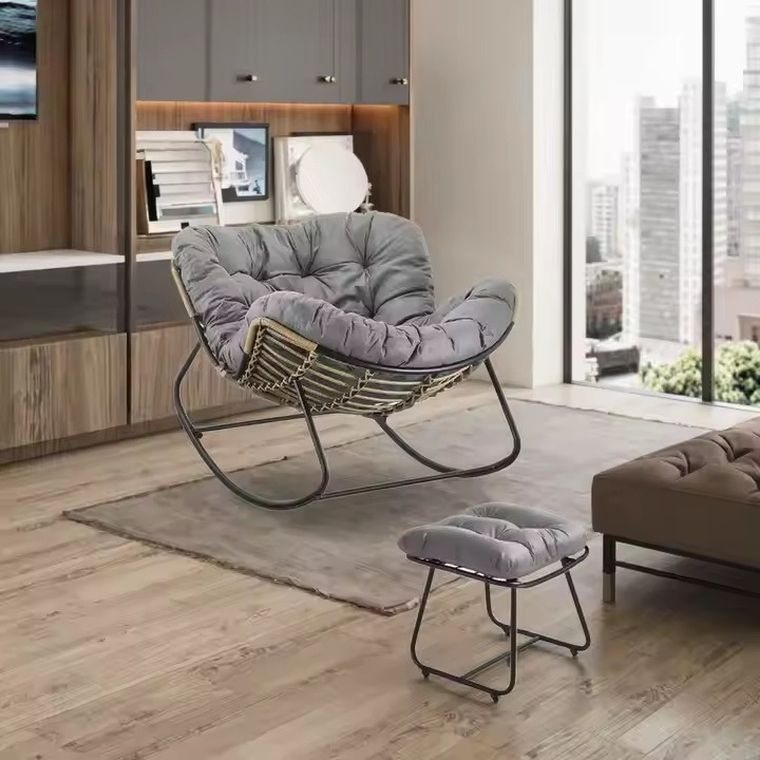 HaloFuture, nowoczesny fotel bujany z podnóżkiem, skandynawski kokon, szary