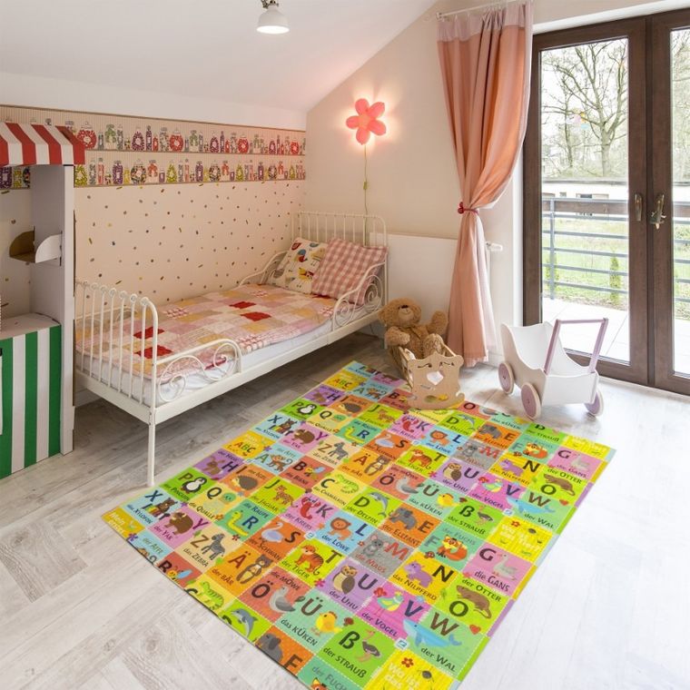 Humbi, dwustronna mata edukacyjna z pianki XPE, alfabet niemiecki i wieś, 180-200 cm