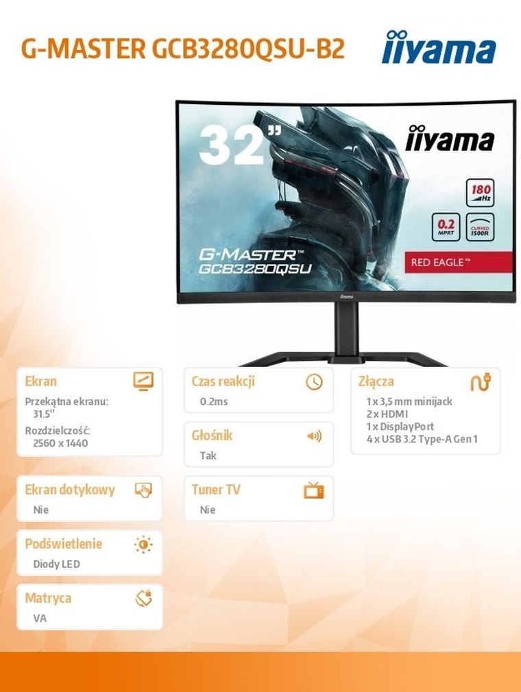 Iiyama, monitor, 32", GCB3280QSU-B2, VA, QHD, 180Hz, 1500R, 0,2ms, 4xUSB, 350cd