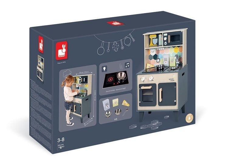 Janod, drewniana kuchnia z dźwiękiem, światłem LED i 6 akcesoriami