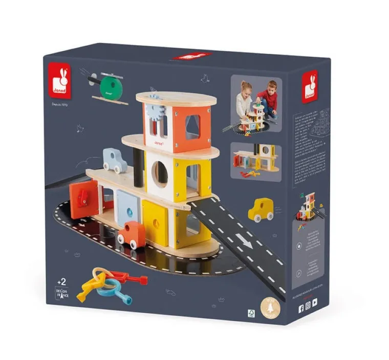 Janod, drewniany garaż piętrowy, zestaw z akcesoriami