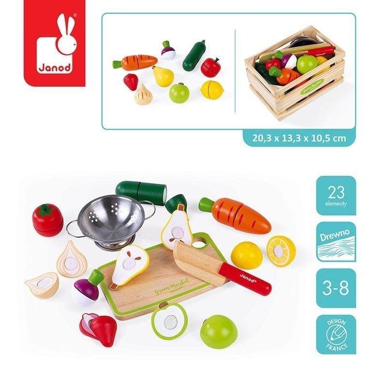 Janod, Green Market, drewniana skrzynka z warzywami i owocami, 22 elementy
