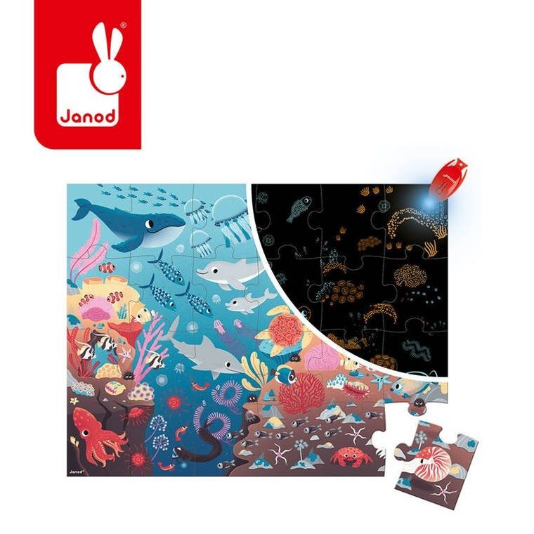 Janod, Ocean, świecące puzzle z mini-lampką UV, 24 elementy