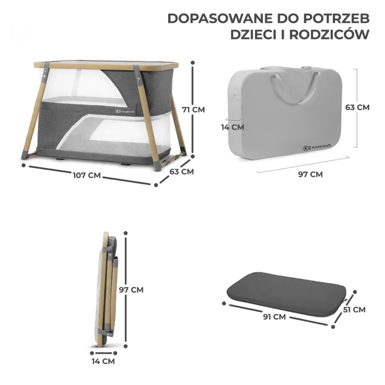 Kinderkraft, Sofi, łóżeczko turystyczne z funkcją kojca, Grey