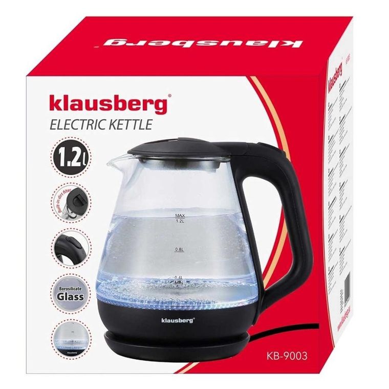 Klausberg, czajnik elektryczny, szklany, LED, 1,2l, KB-9003