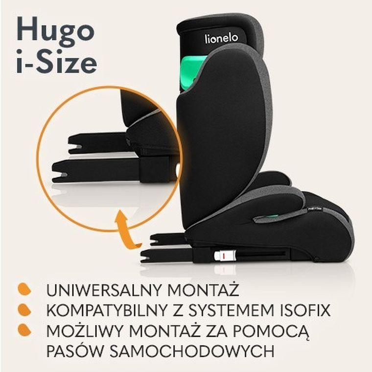 Lionelo, Hugo, I-size, fotelik samochodowy, Black Grey, 100-150 cm