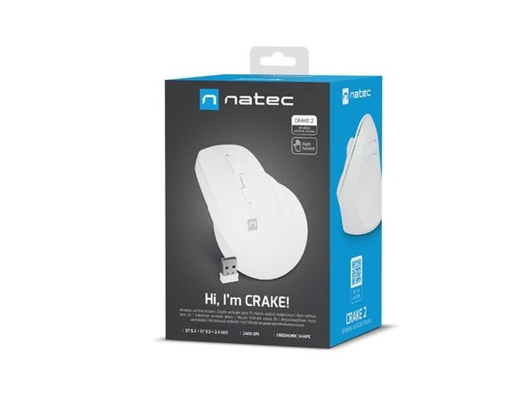 Natec, mysz bezprzewodowa, wertykalna, Crake 2, BT 5.2 + 2.4GHz, biała