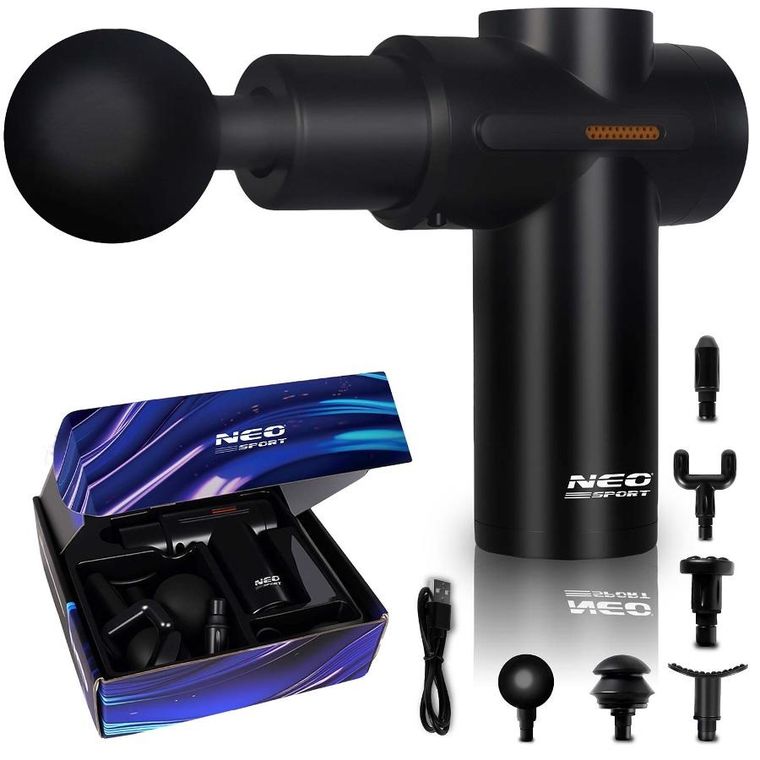 Neo-Sport, pistolet do masażu ciała, czarny, 6 nakładek, NS-504