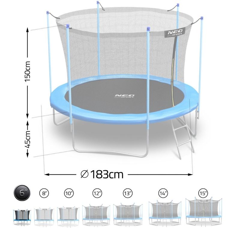 Neo-Sport, trampolina ogrodowa z siatką wewnętrzną i drabinką, 6ft/183 cm
