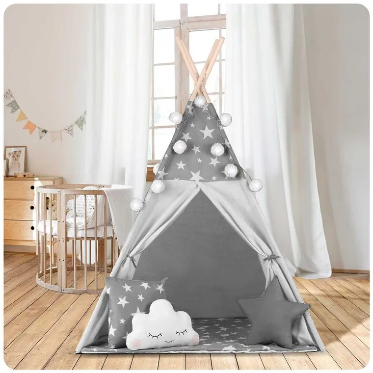 Nukido, namiot tipi dla dzieci z girlandą i światełkami, szary w gwiazdki