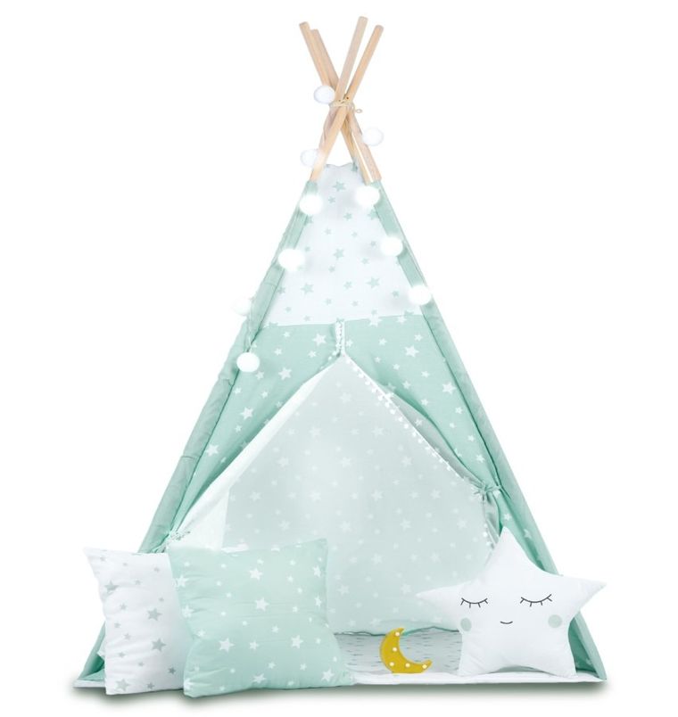 Nukido, namiot tipi dla dzieci ze światełkami, miętowe w gwiazdki