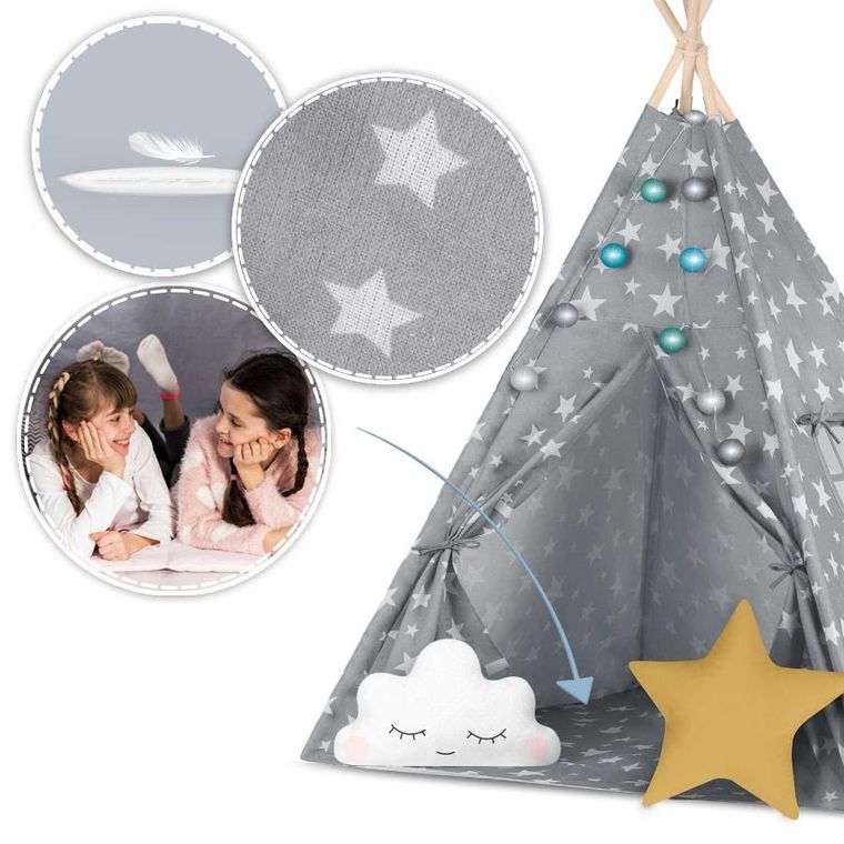Nukido, namiot tipi dla dzieci ze światełkami, szary w gwiazdki
