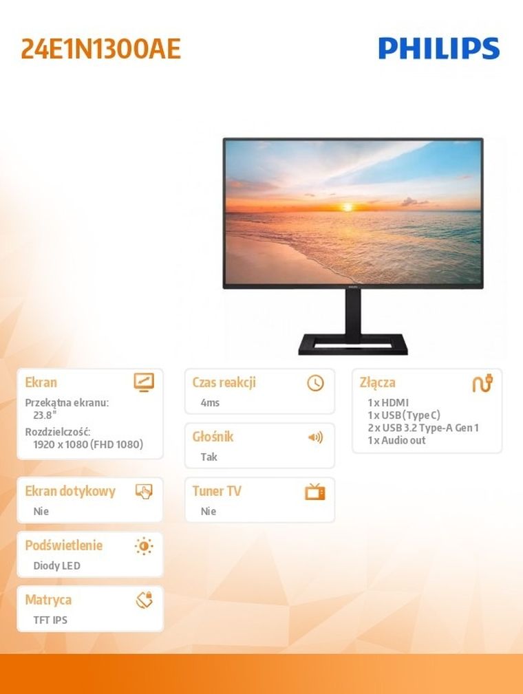 Philips, monitor, 23,8", 24E1N1300AE, IPS 100Hz, HDMI, USB-C HAS, głośniki