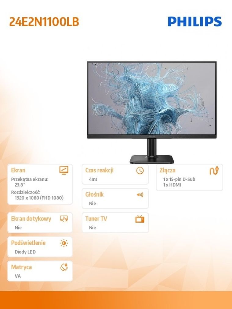 Philips, monitor, 24E2N1100LB VA, 100Hz, HDMI, VGA