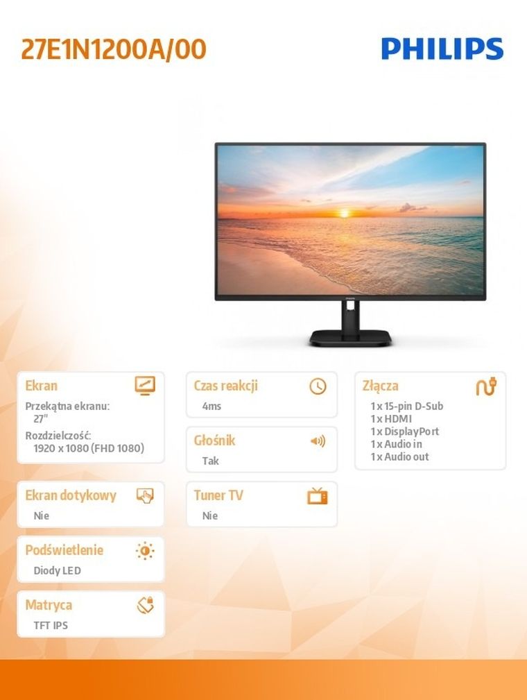 Philips, monitor, 27", 27E1N1200A, IPS 120Hz HDMI DP VGA, głośniki
