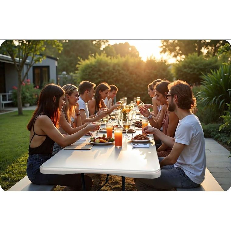 Plonos, zestaw cateringowy ogrodowy składany stół + 2 ławki, biały, 180 cm