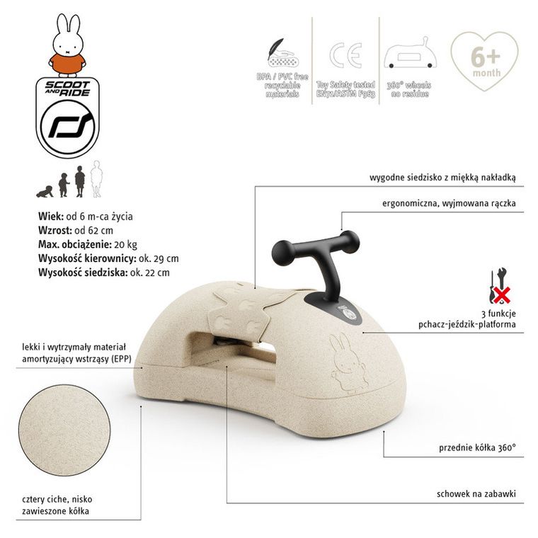 Scoot & Ride, Miffy, My First, ewolucyjny jeździk pchacz, sand, 3w1