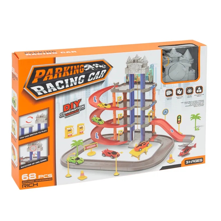 Smiki, tor wyścigowy z parkingiem i windą, zestaw z pojazdami, 68 elementów