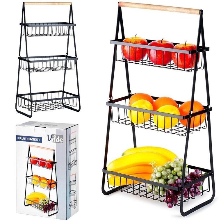 Vilde, koszyk na owoce metalowy, 3-poziomowy, czarny
