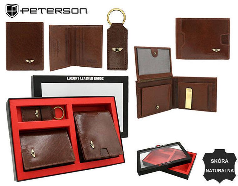 Zestaw: Portfel, Etui na karty, Brelok, brązowy, skórzany, RFID, Peterson
