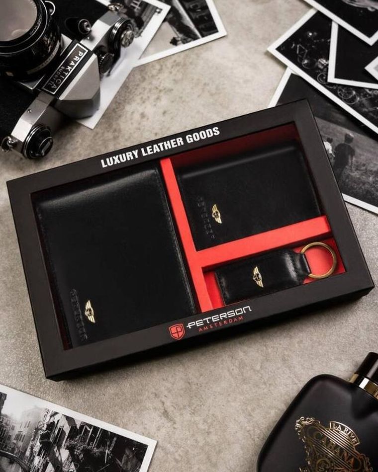 Zestaw: Portfel, Etui na karty, Brelok, czarny, skórzany, RFID, Peterson
