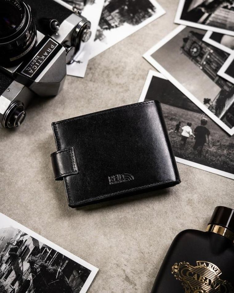 Zestaw: Portfel, Etui na karty, Brelok, czarny, skórzany, RFID, Peterson