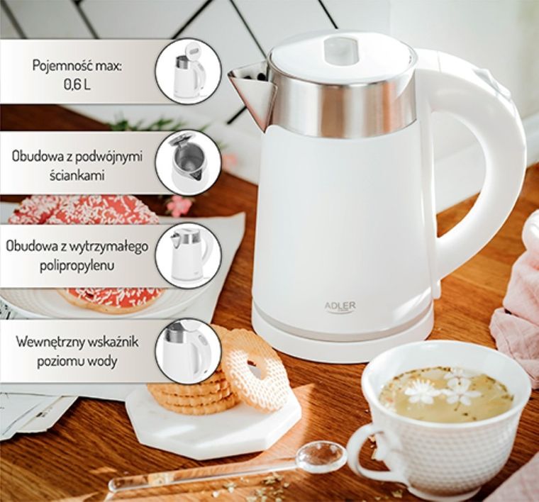 Adler, czajnik elektryczny, biały, 0,6l, AD 1372