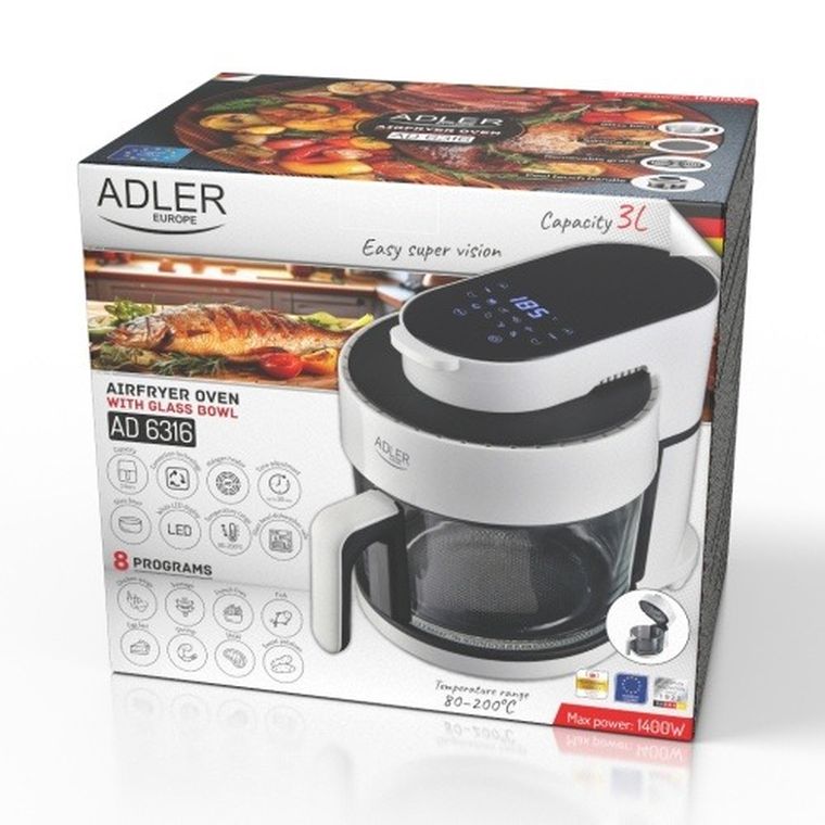 Adler, frytkownica beztłuszczowa ze szklaną misą, airfryer, 3l