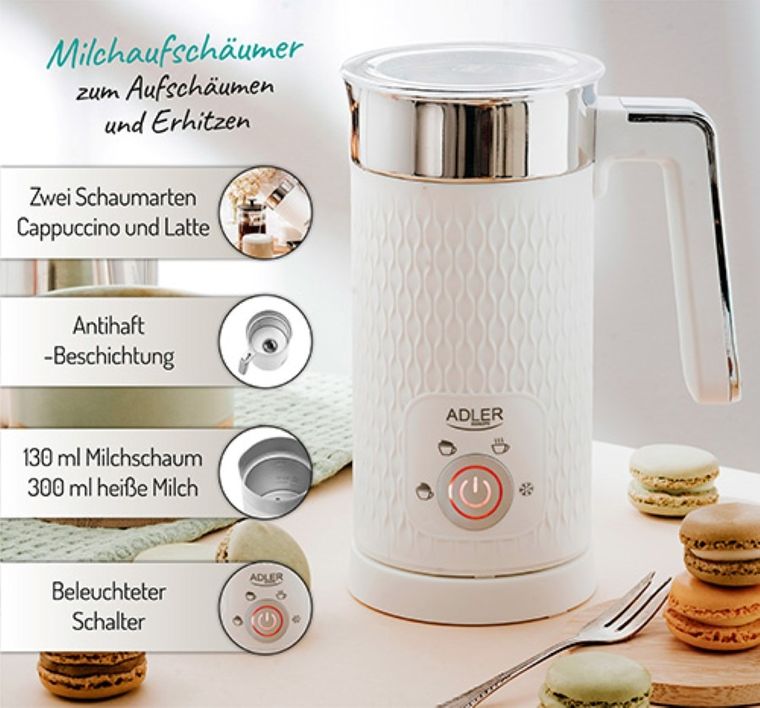 Adler, spieniacz do mleka 2w1, spienianie i podgrzewanie (latte i cappucino), AD 4494, biały