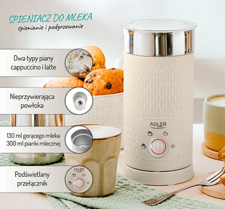 Adler, spieniacz do mleka 2w1, spienianie i podgrzewanie (latte i cappucino), AD 4495, kremowy