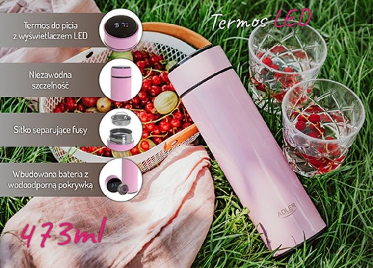 Adler, termos LED, różowy, 473 ml