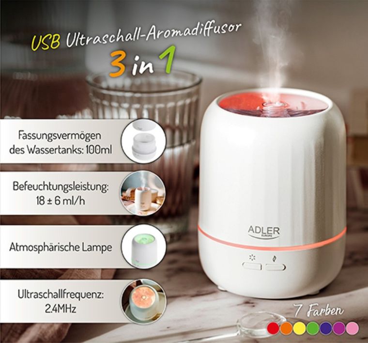 Adler, ultradźwiękowy dyfuzor zapachowy USB z kolorowym podświetleniem, 3w1, AD 7968