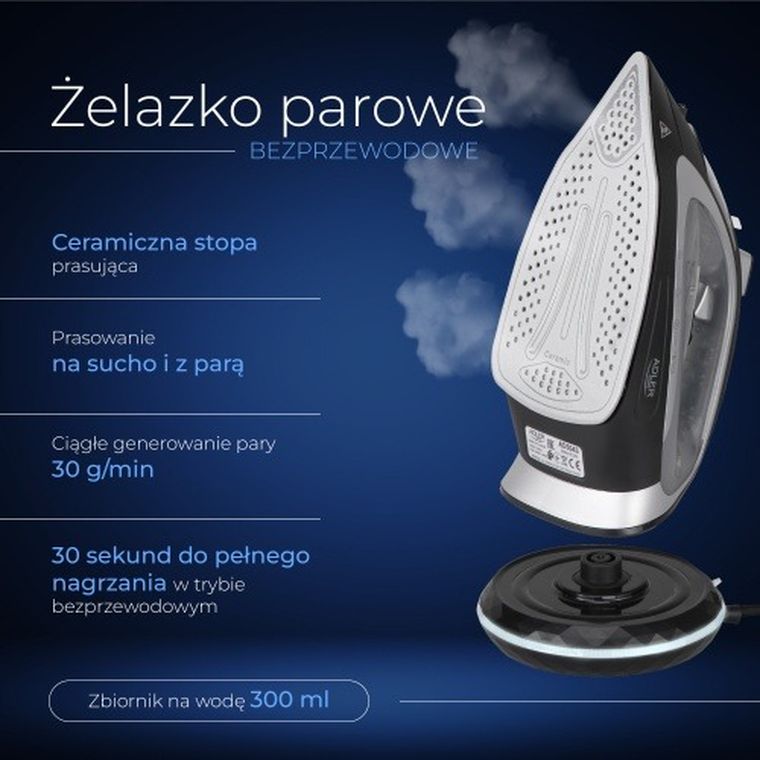 Adler, żelazko parowe, bezprzewodowe