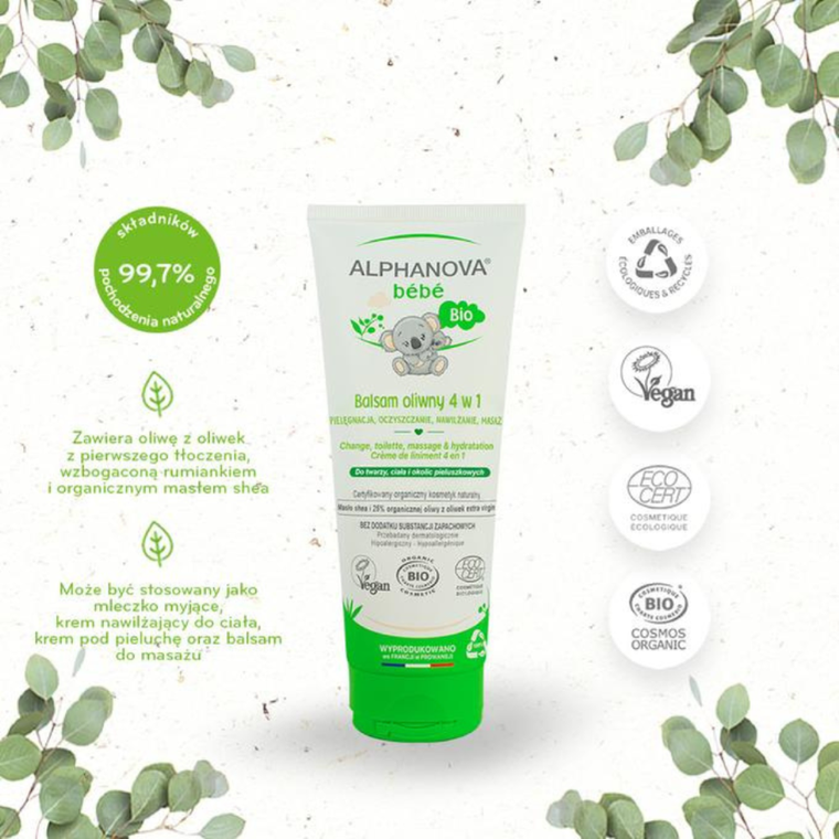 Alphanova Bebe, BIO Liniment, krem nawilżająco-oczyszczający 4w1, 200 ml