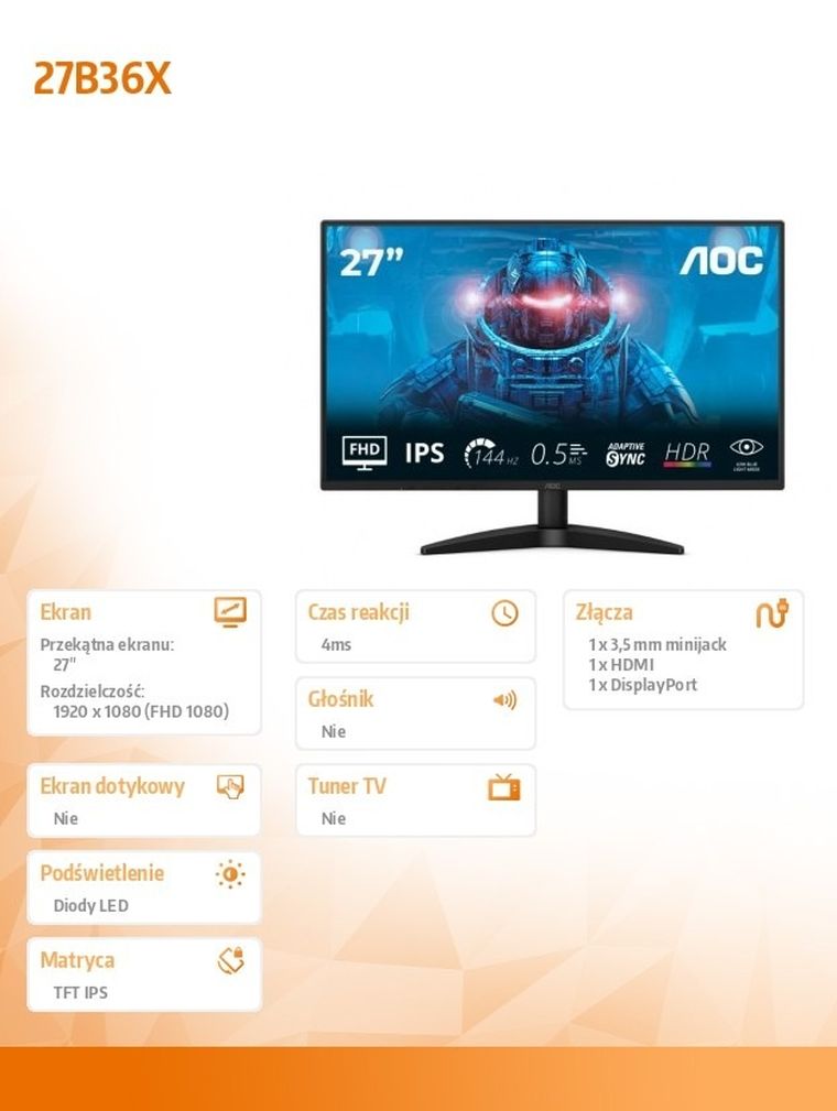 Aoc, monitor, 27B36X 27" IPS 144Hz HDMI DP